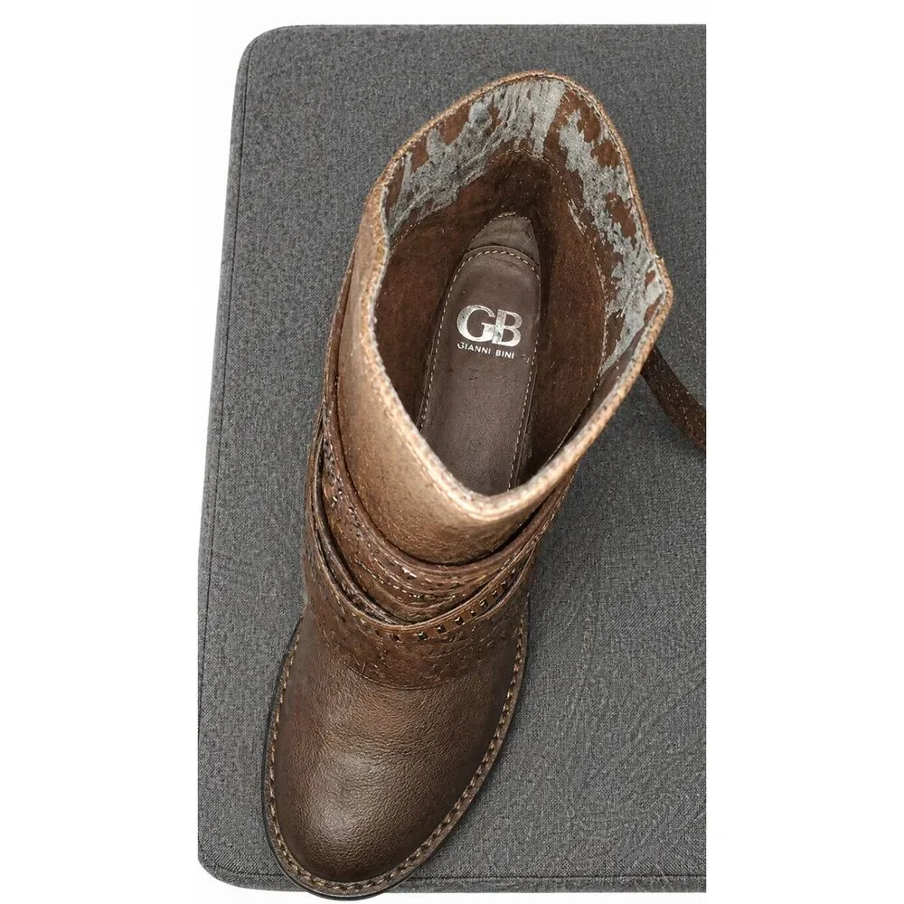 GB Gianni Bini Brown Ankle Boots Size 9M Studded Strap Western Style Low Heel